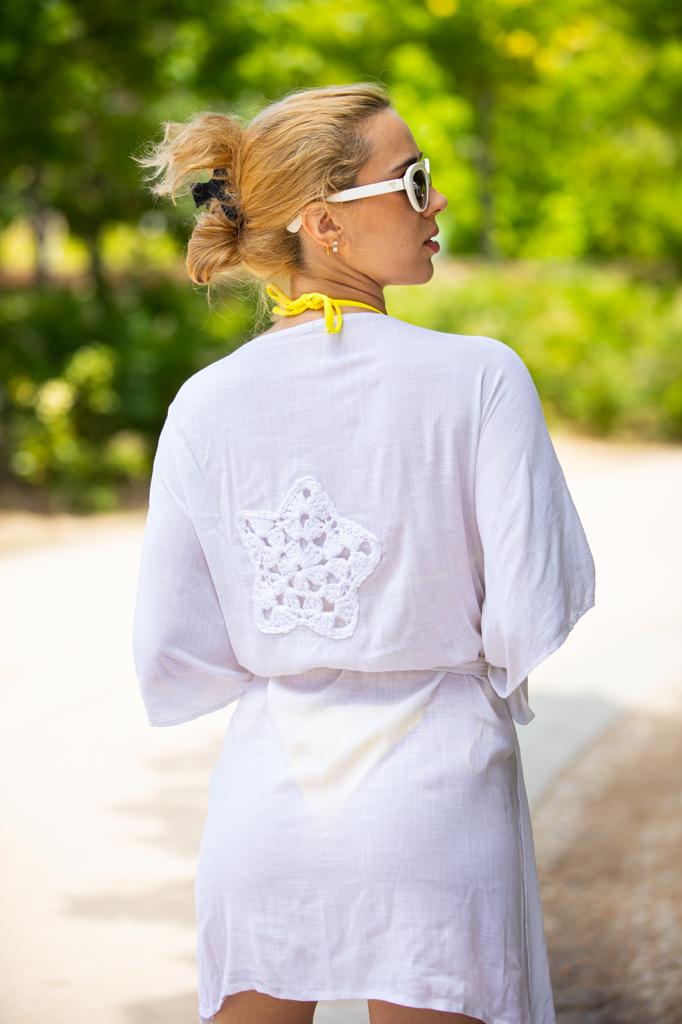 White Linen Kimono With White Woven Star