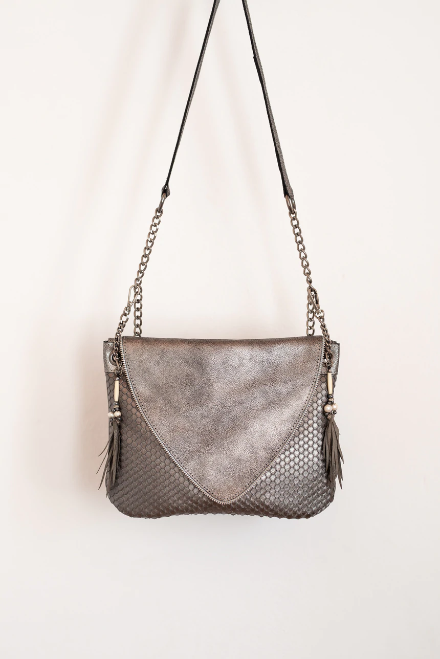 Silver And Grey Metallic Leather V Handbag