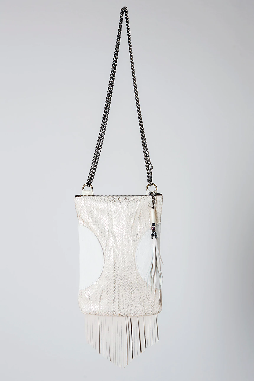 Handmade White Leather Party Bag With Fringe Detail And Adjustable Chain
