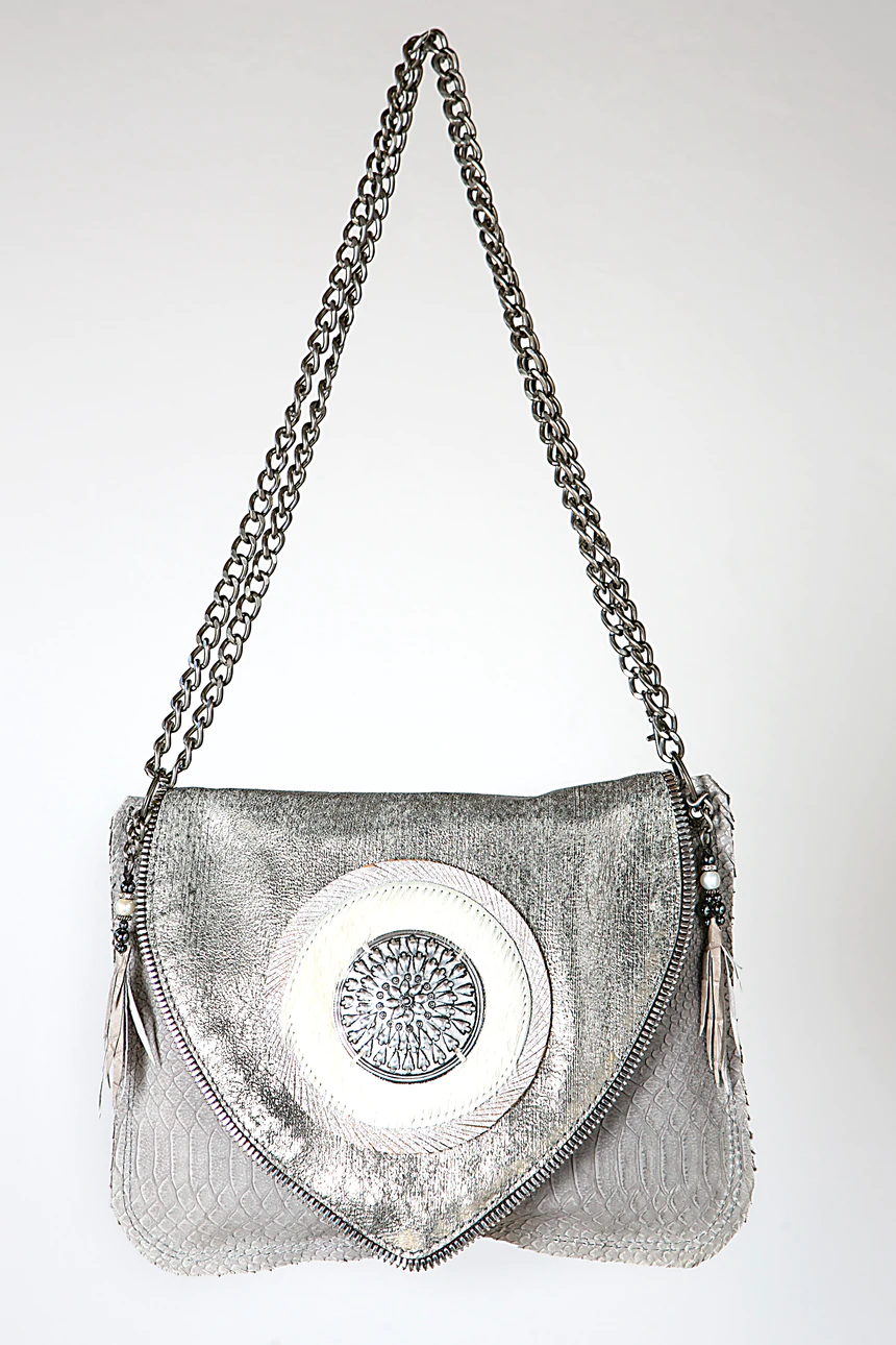Leather Metallic Grey Crossbody Or Shoulder Handbag
