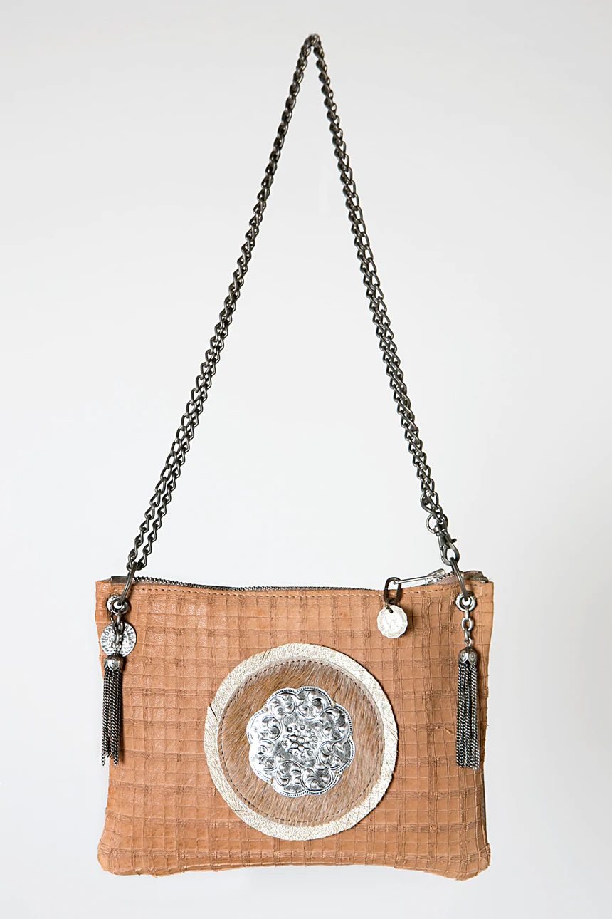 Leather Dark Beige Crossbody Handbag With Silver Circle Detail