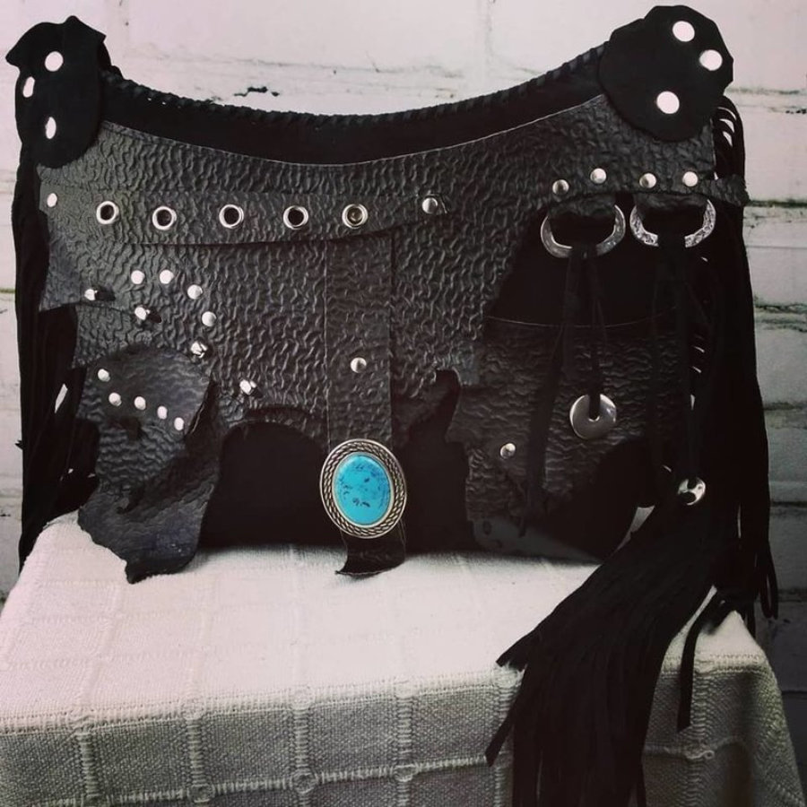 Suede Black Leather Bag with Turquoise Stone Fringe