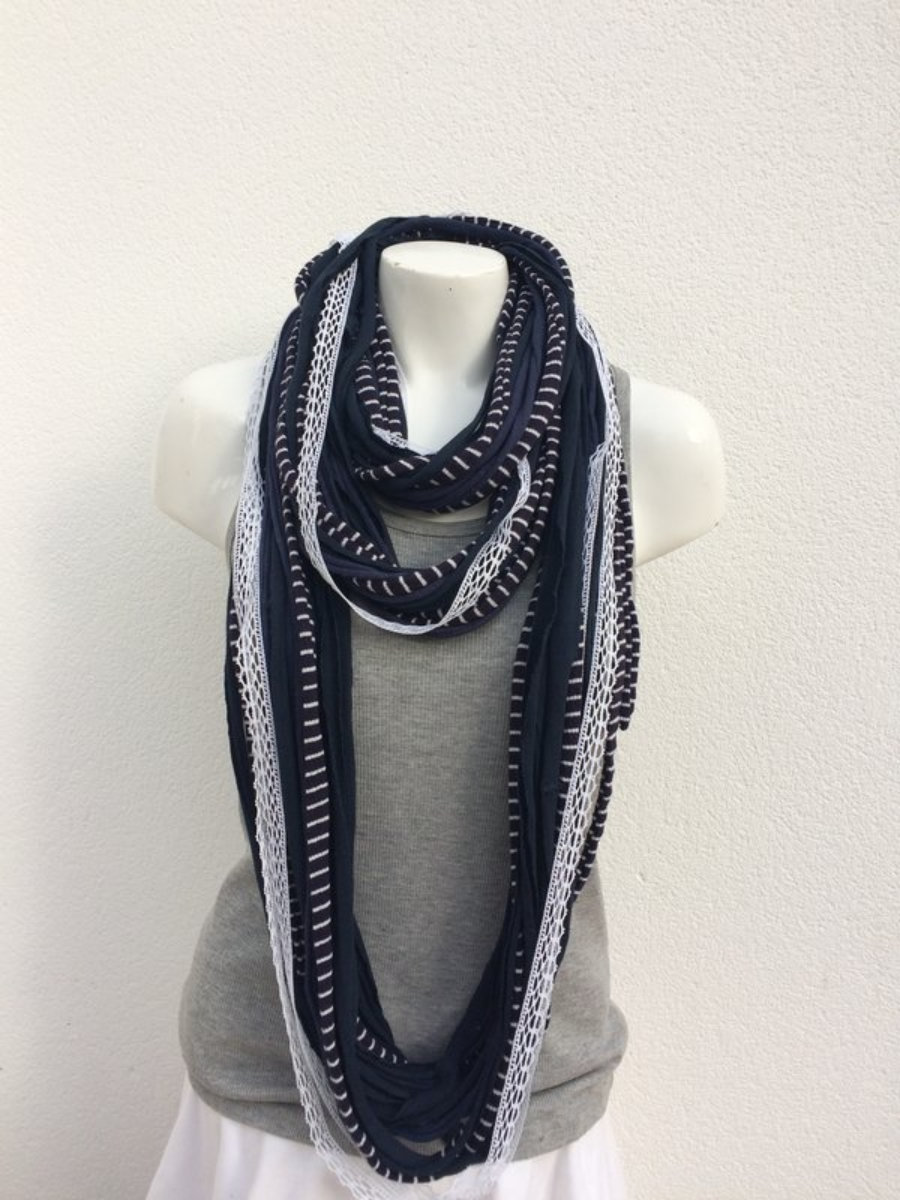 Striped Navy Foulard With Lace