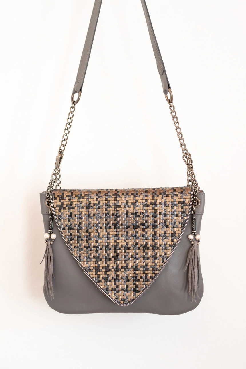 Grey Leather V Handbag With Woven Leather Crosshatch Detail