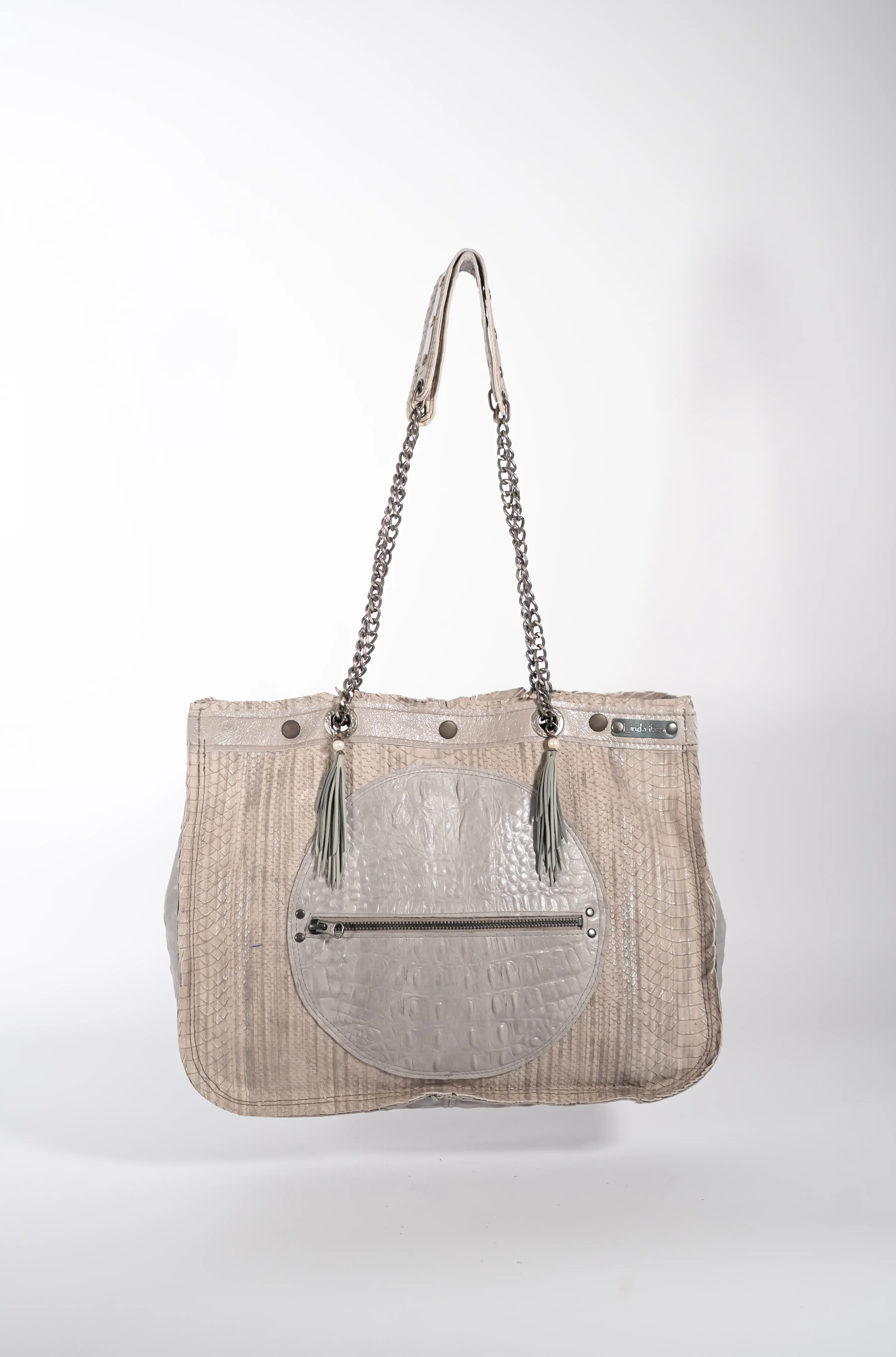 Handmade Textured Cream Leather Shopping Bag With Chain And Leather Straps.