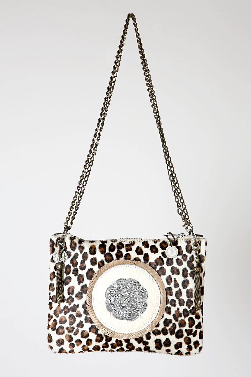 Leather Leopard Print Crossbody Handbag With Cream And Silver Circle Detail