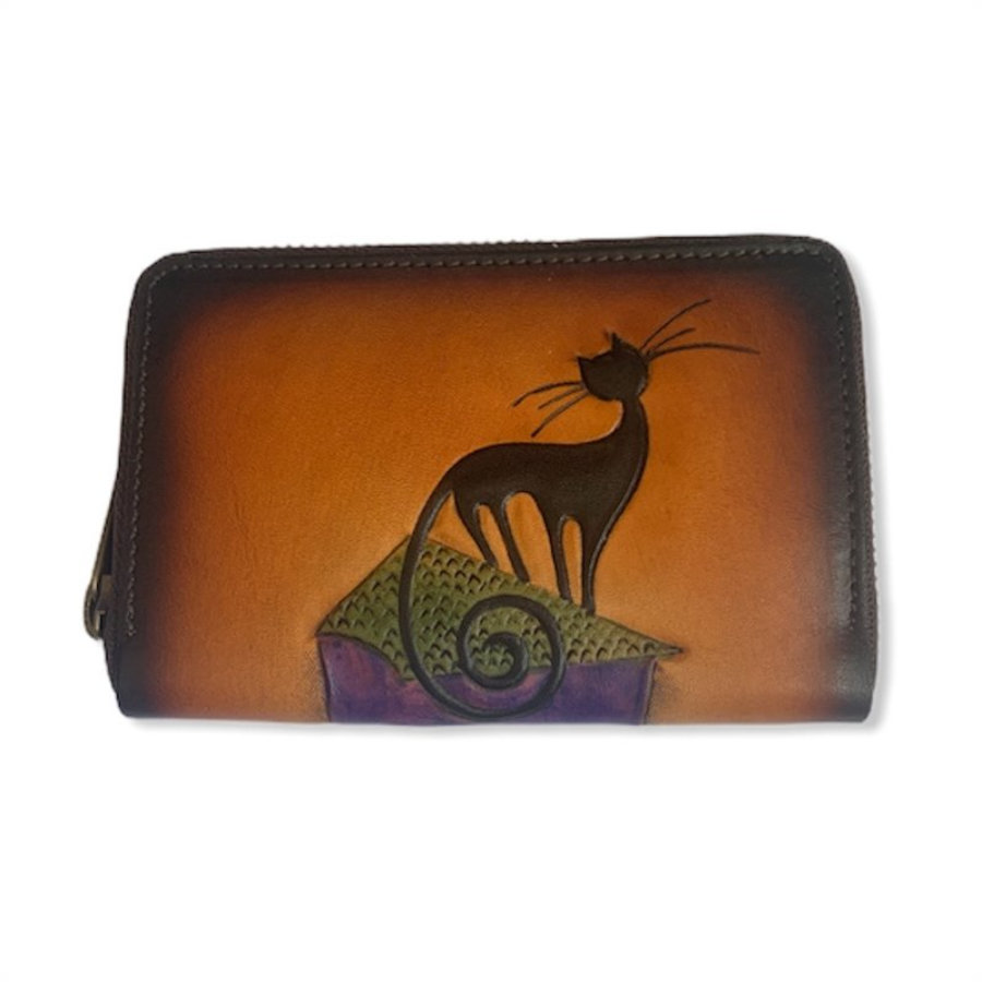 Small brown cat zip wallet