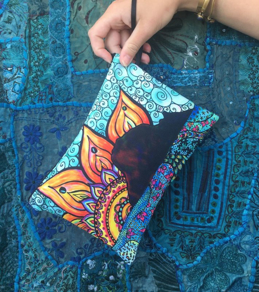 CLUTCH Es Vedra Ibiza Clutch bag, Hippy print drawn by Magic Mountain Ibiza, washable summer bag