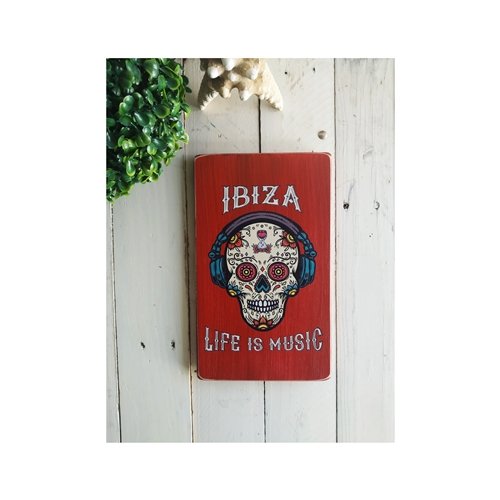Wooden Sign With Mexican Skull "Life Is Music" Ibiza