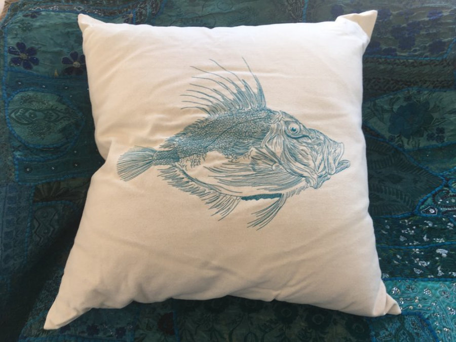 GALLO fish embroidery Pillow Dark Turquoise thread, The Fish is a John Dory all embroidered in thread painting Technic
