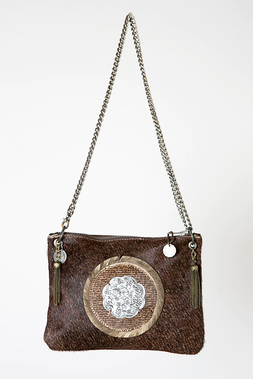 Leather Brown Hide And Hair Crossbody Handbag With Metallic Silver Circle Detail