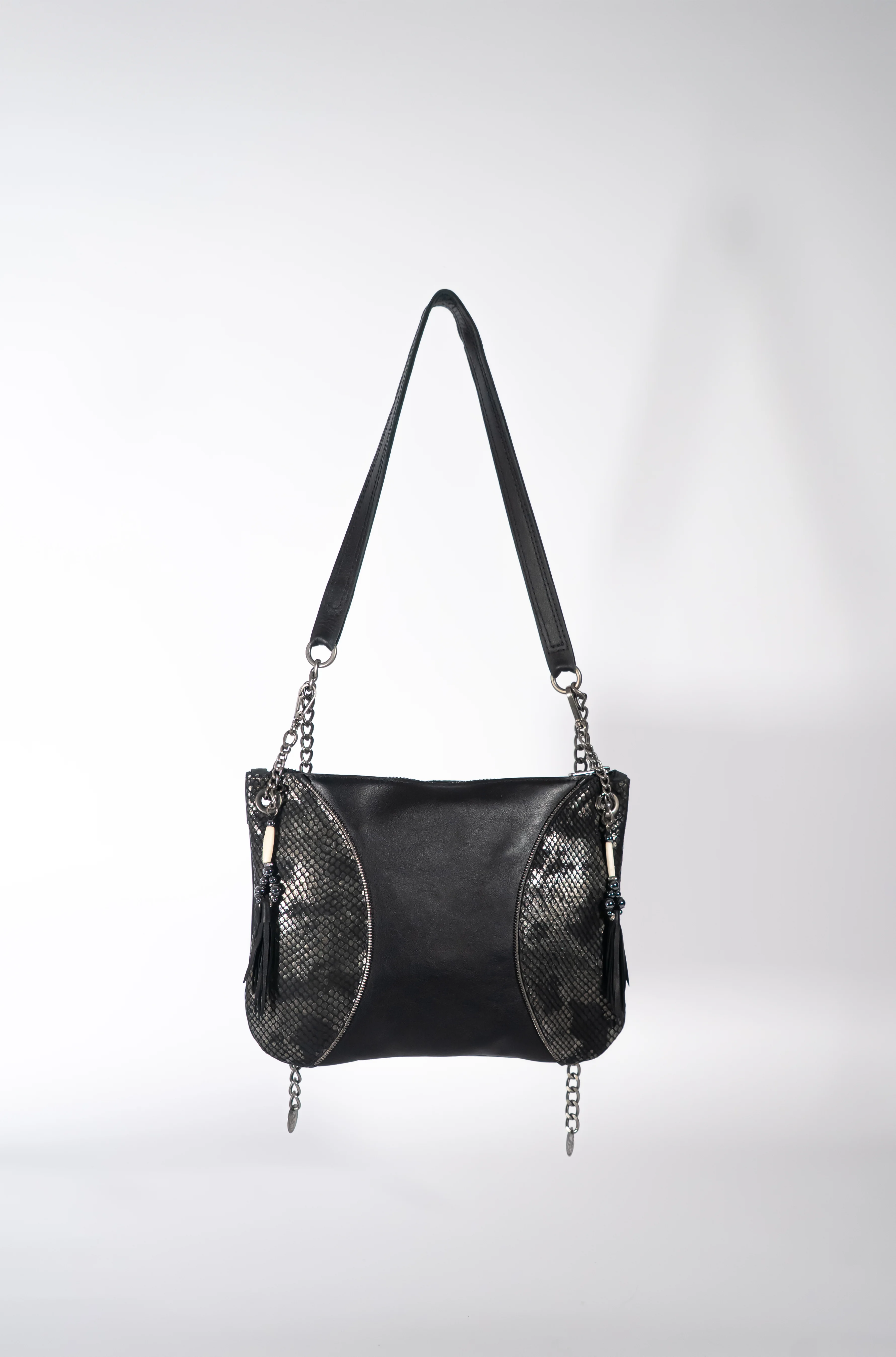 Black Leather Moon Handbag Wtih Black And Silver Metallic Leather Detail