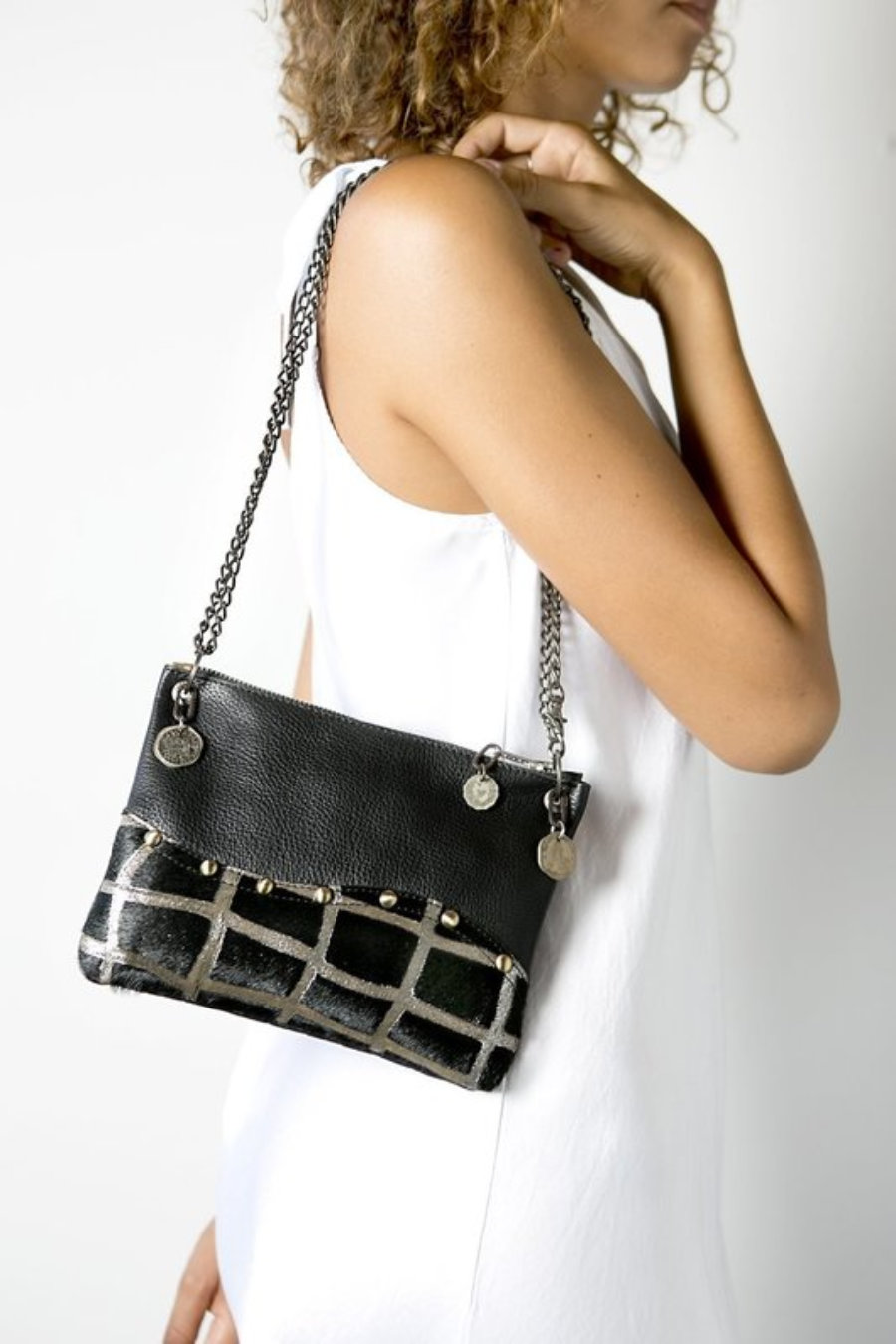 Leather black square hide and hair crossbody handbag