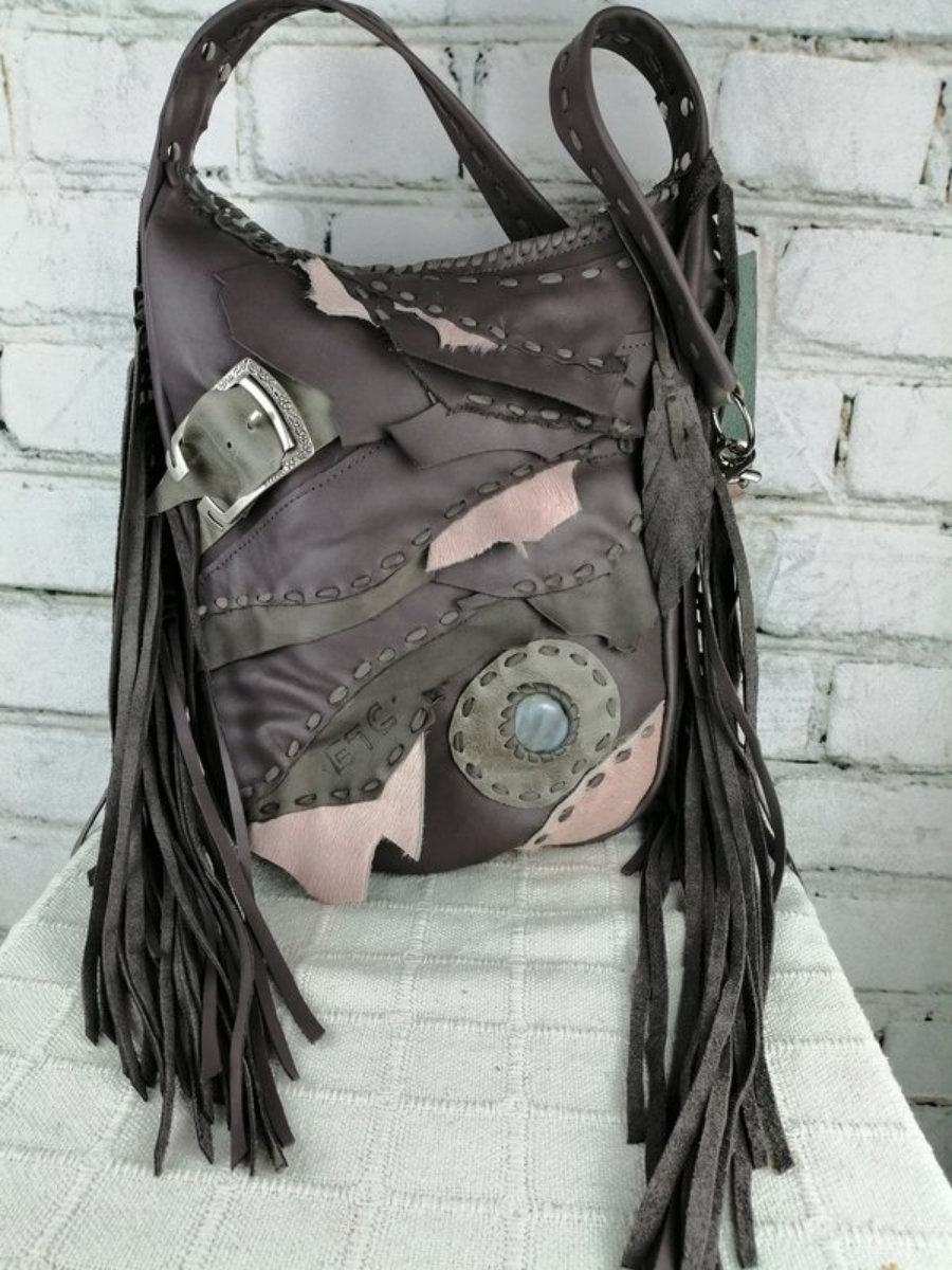 Gray Leather Bag Woman / Hippie Style Fringe Bag / Shoulder Bag Woman Boho Chic Festival Fringes