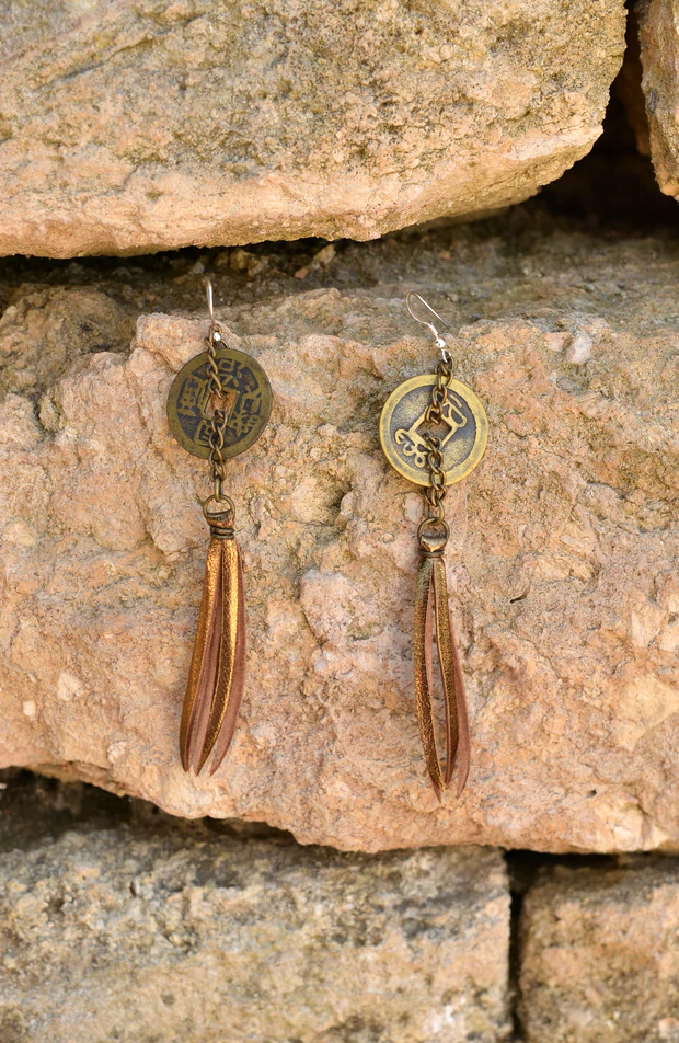 Leather Earring With Copper Fringe And Old Coin From China Detail