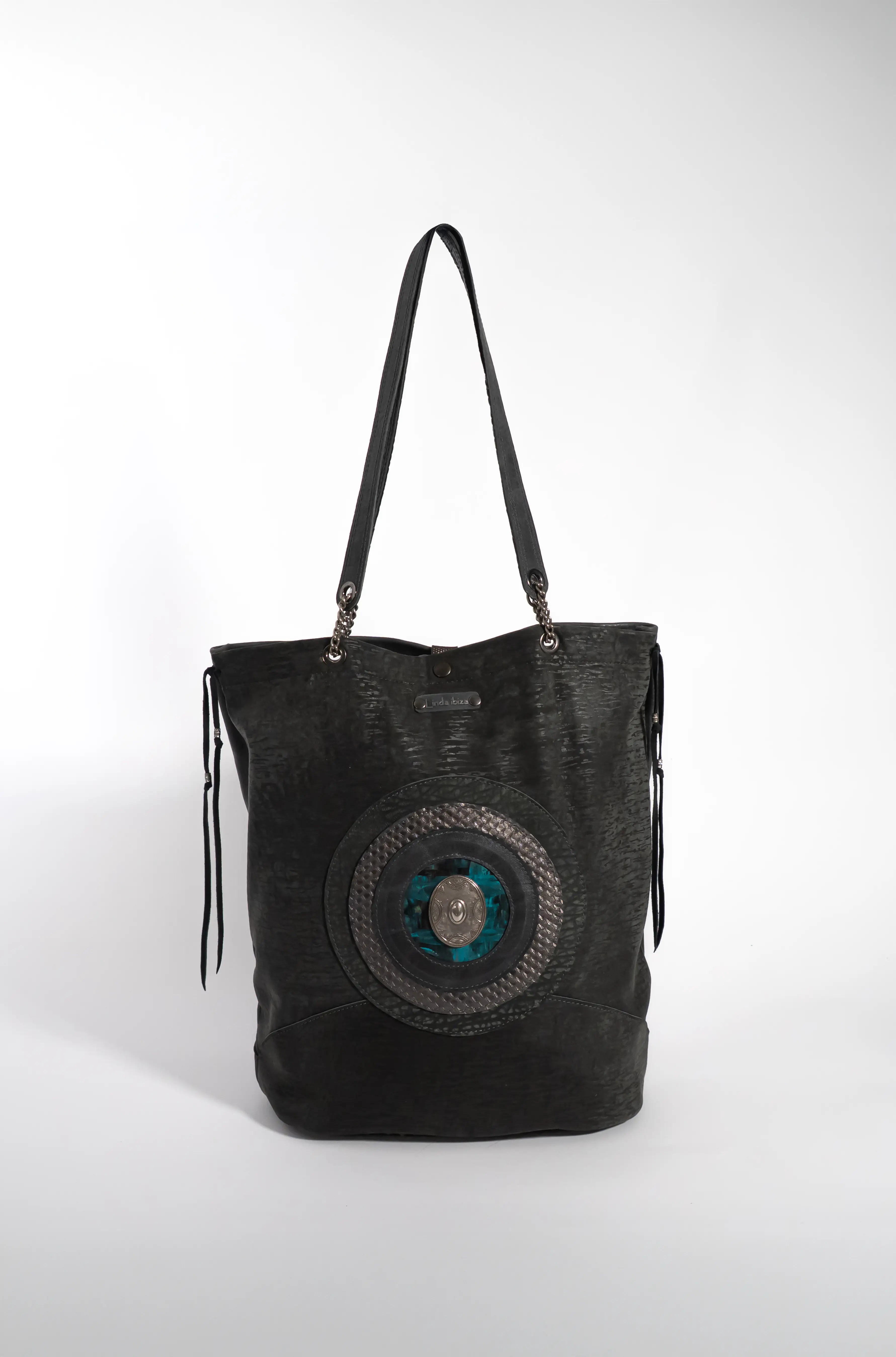 Handmade Leather Black Medallion Shopper Bag With Leather Straps