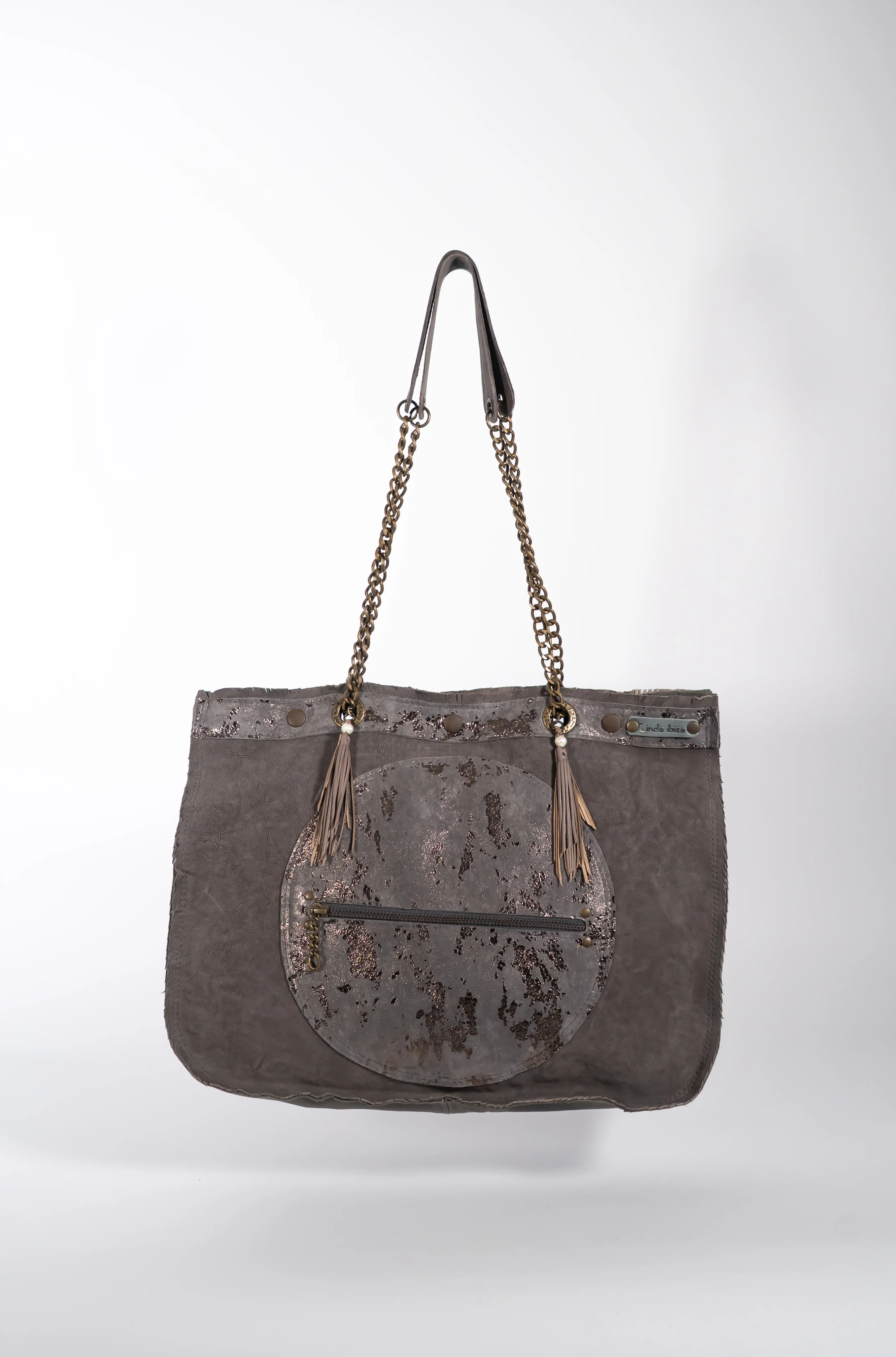 Handmade Textured Purple Taupe Leather Shopping Bag With Chain And Leather Straps.