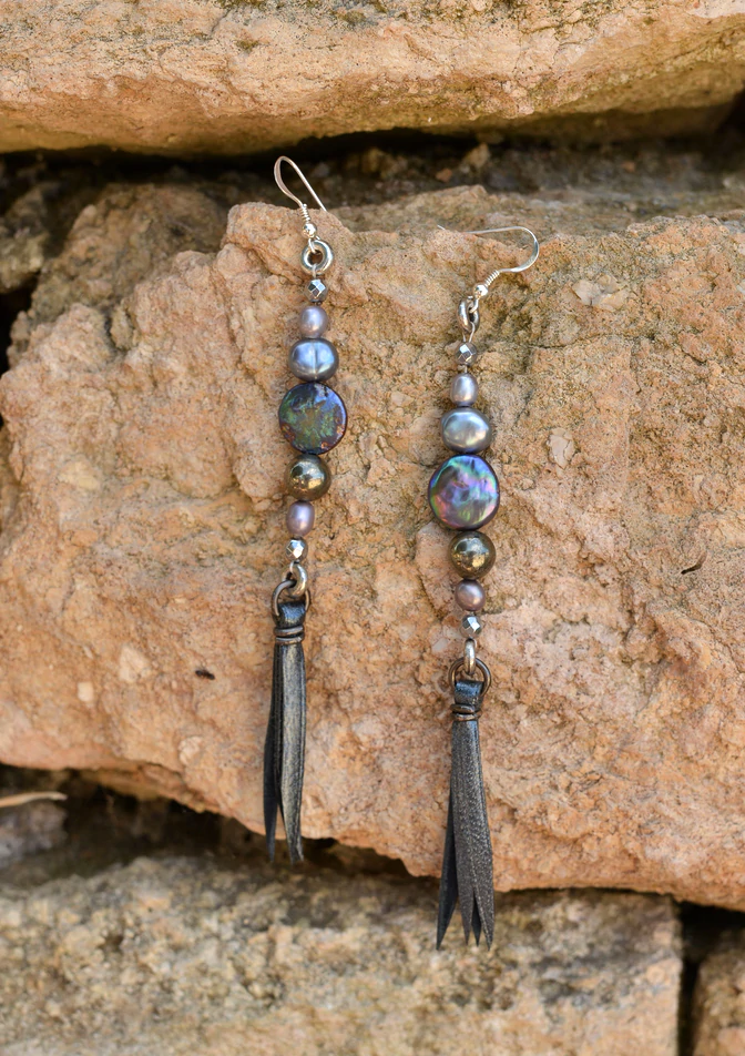 Copper Fringe With Blue Mother Of Pearl And Pyrite Beads Earring  