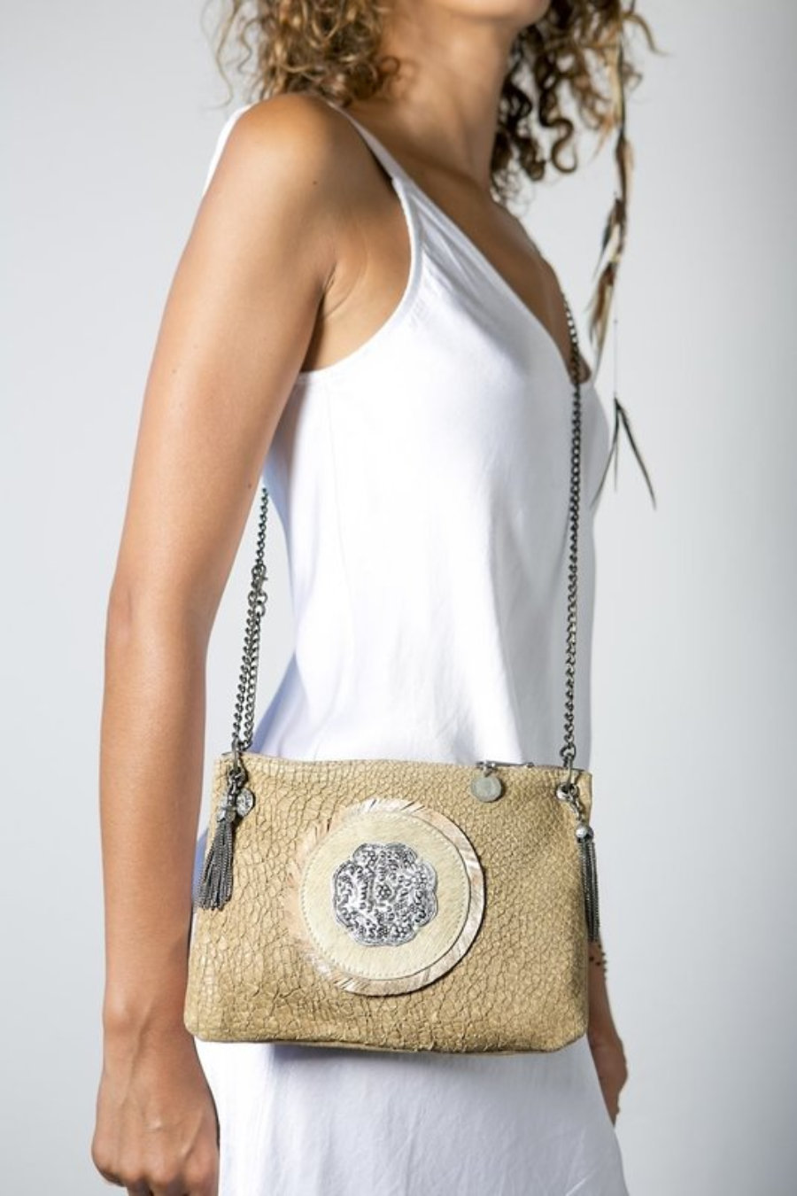 The Beige and Gold Metallic Handmade Leather Handbag