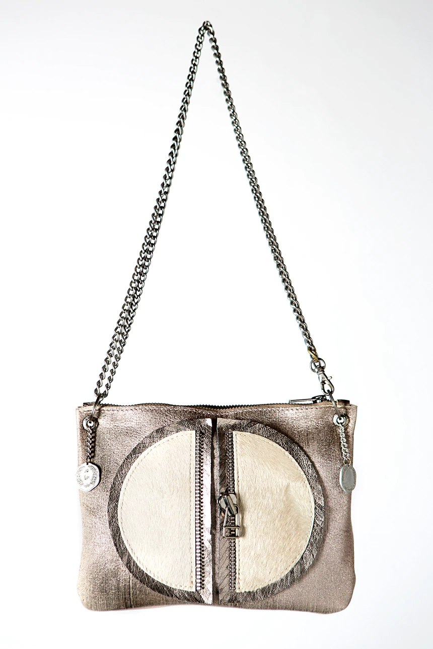 Leather Metallic Grey And Cream Crossbody Handbag