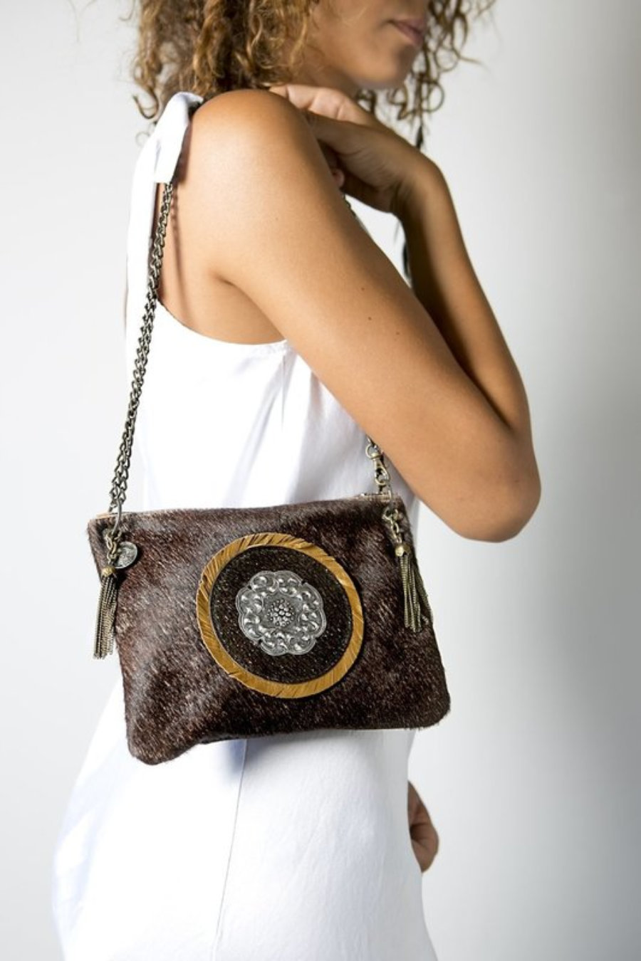Leather brown crossbody handbag with metallic silver circle detail 