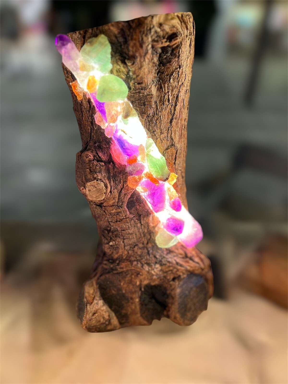 Energy Lamp Made Of Ibizan Olive Wood, Inlaid With Mineral Crystals 
