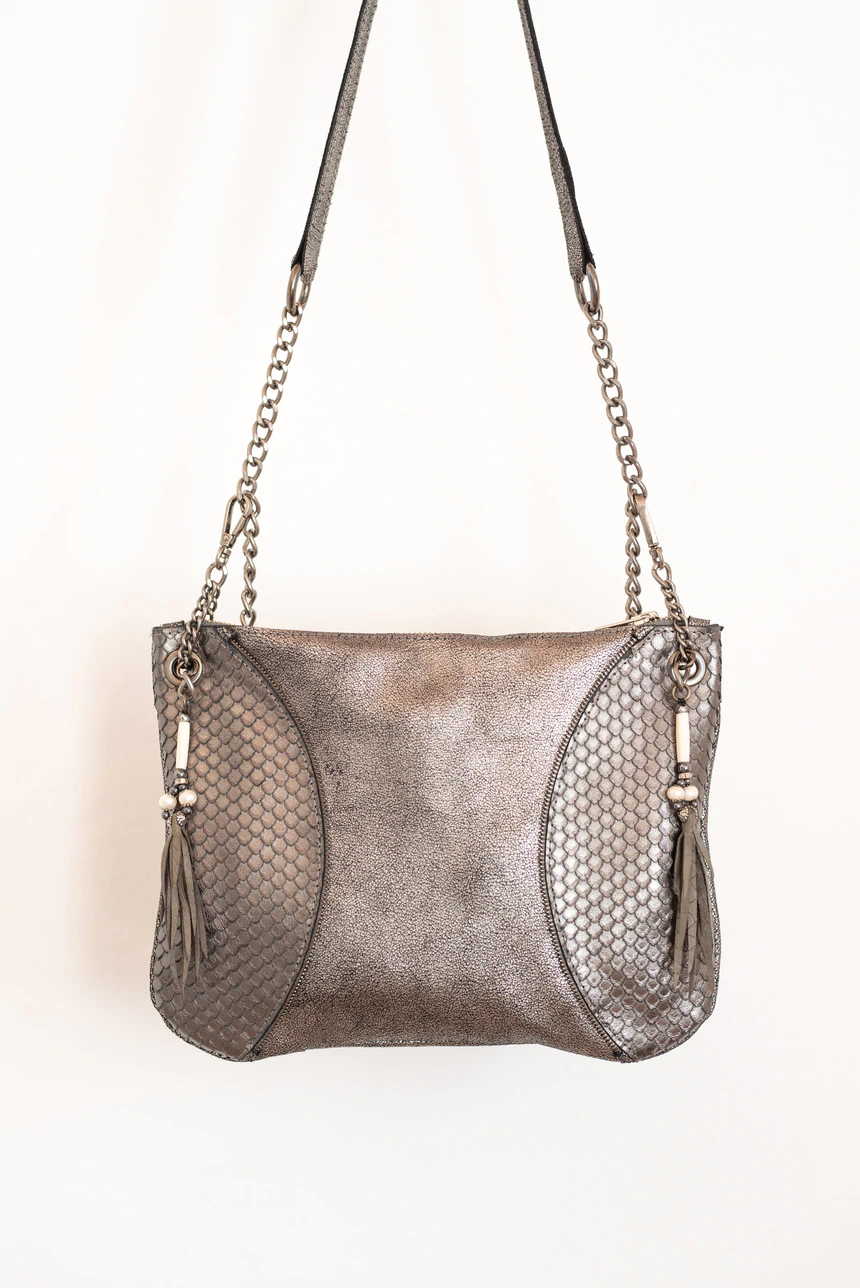 Silver And Grey Metallic Leather Moon Handbag