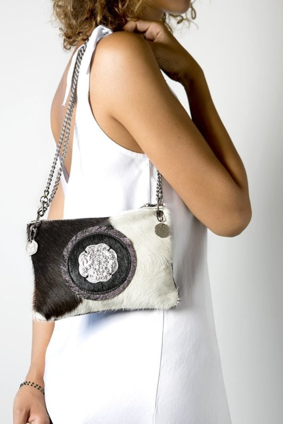 Leather black and white cow hide and hair crossbody handbag