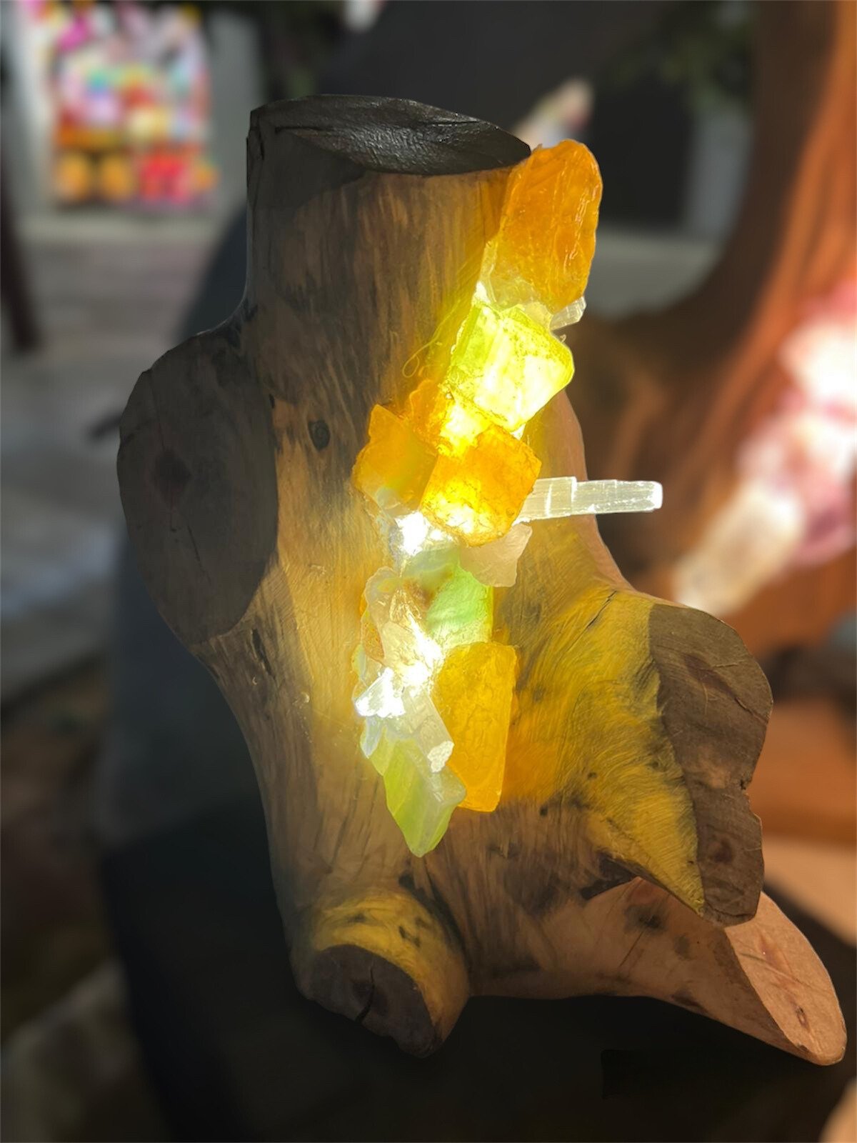 Energy Lamp Made Of Ibizan Sabina  Wood, Inlaid With Mineral Crystals.