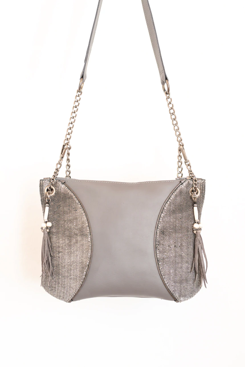 Grey Leather Moon Bag With Silver Metallic Detail