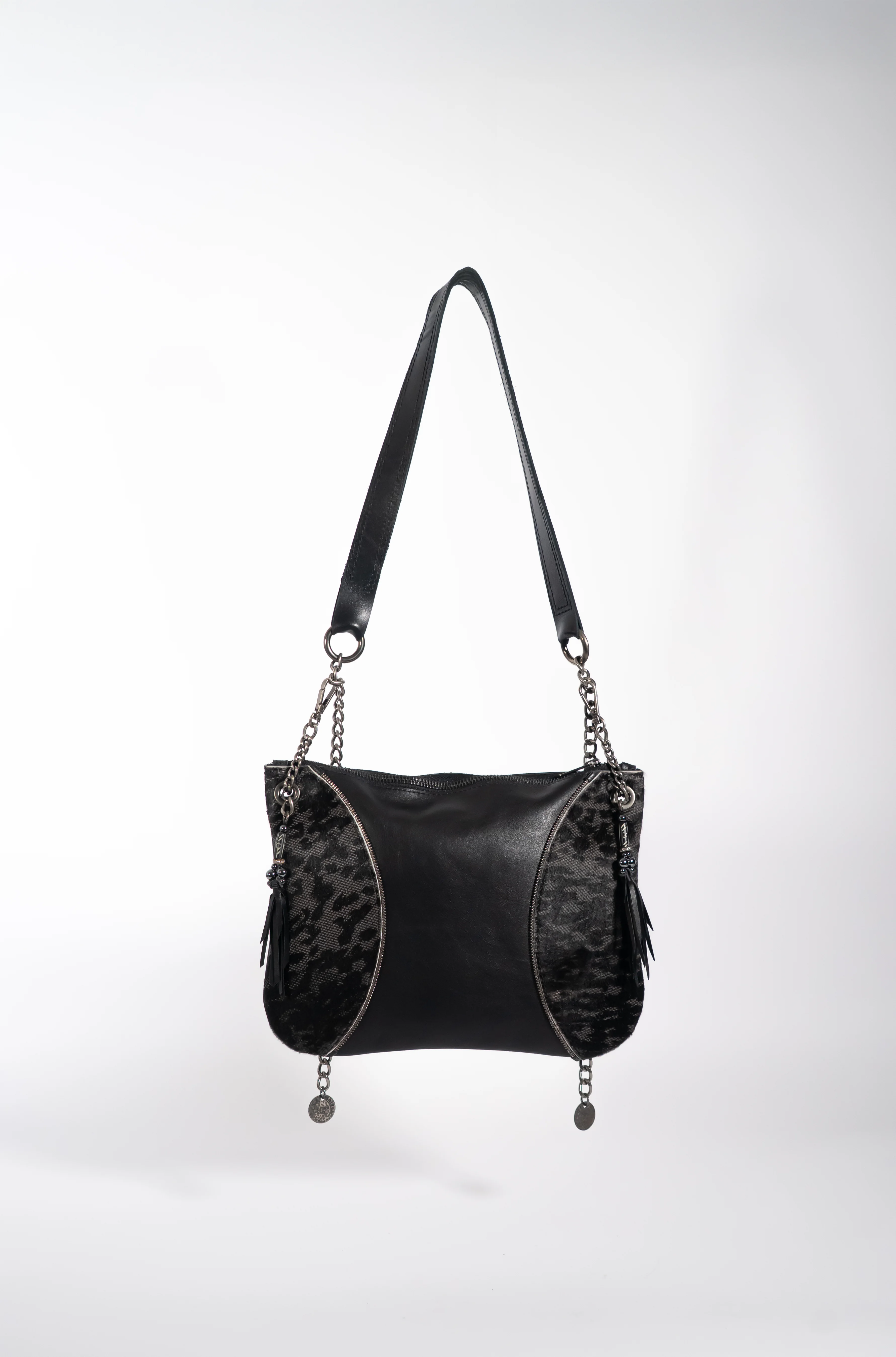 Black Leather Moon Handbag With Smokey Leather Detail