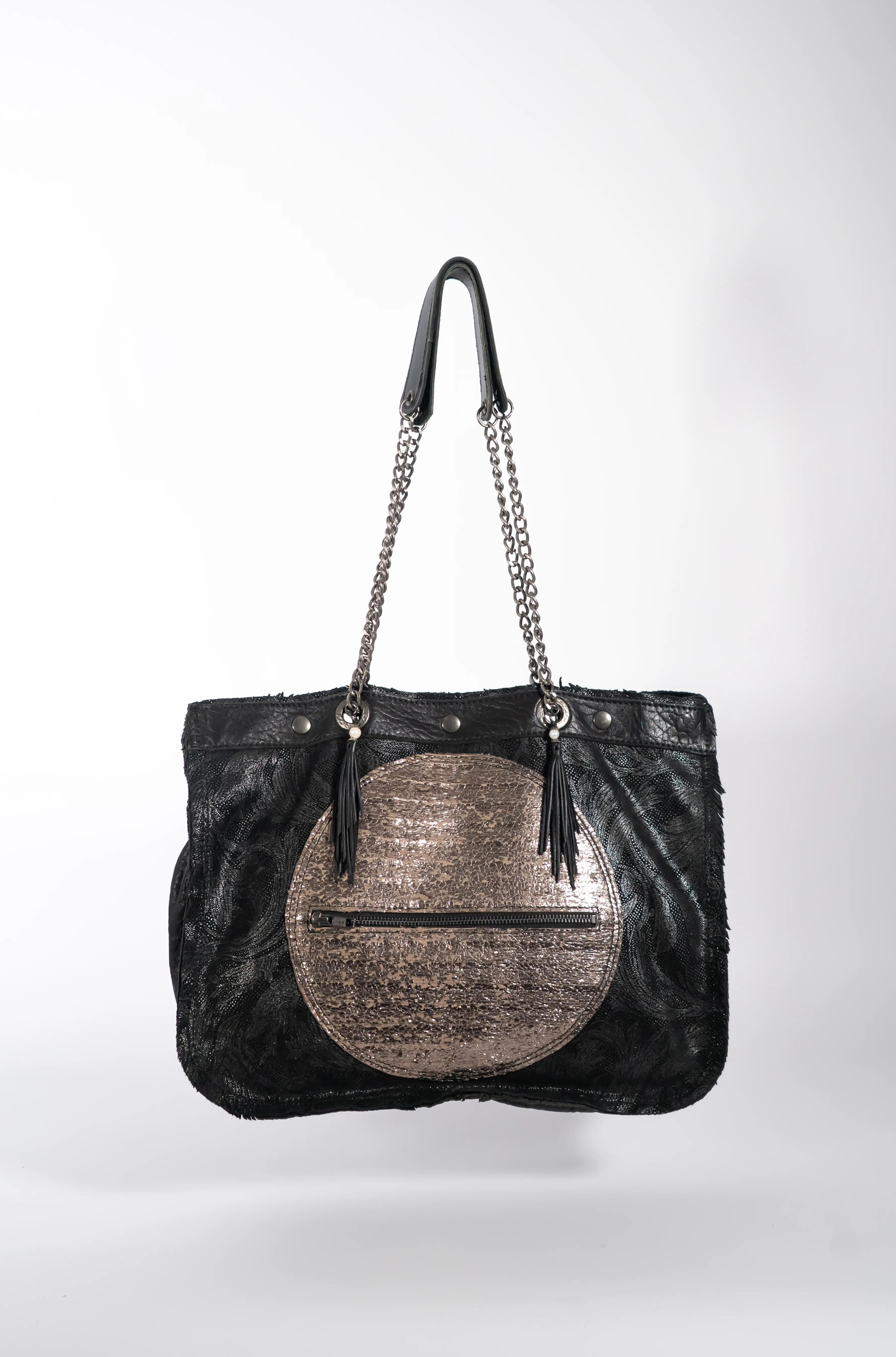Handmade Leather Black And Gold Shopping Bag With Chain And Leather Straps