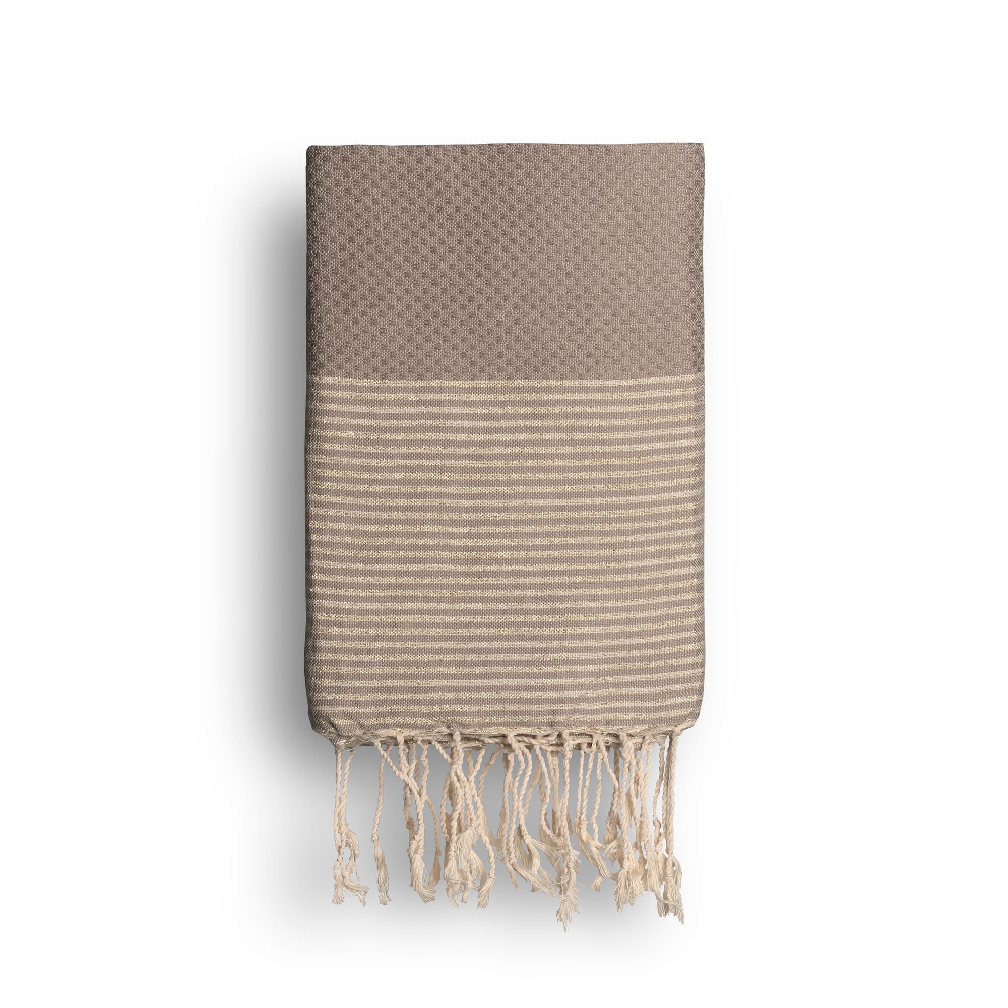 Cool-Fouta Hammam Towel Warm Taupe Honeycomb Fouta With Golden Lurex Stripes