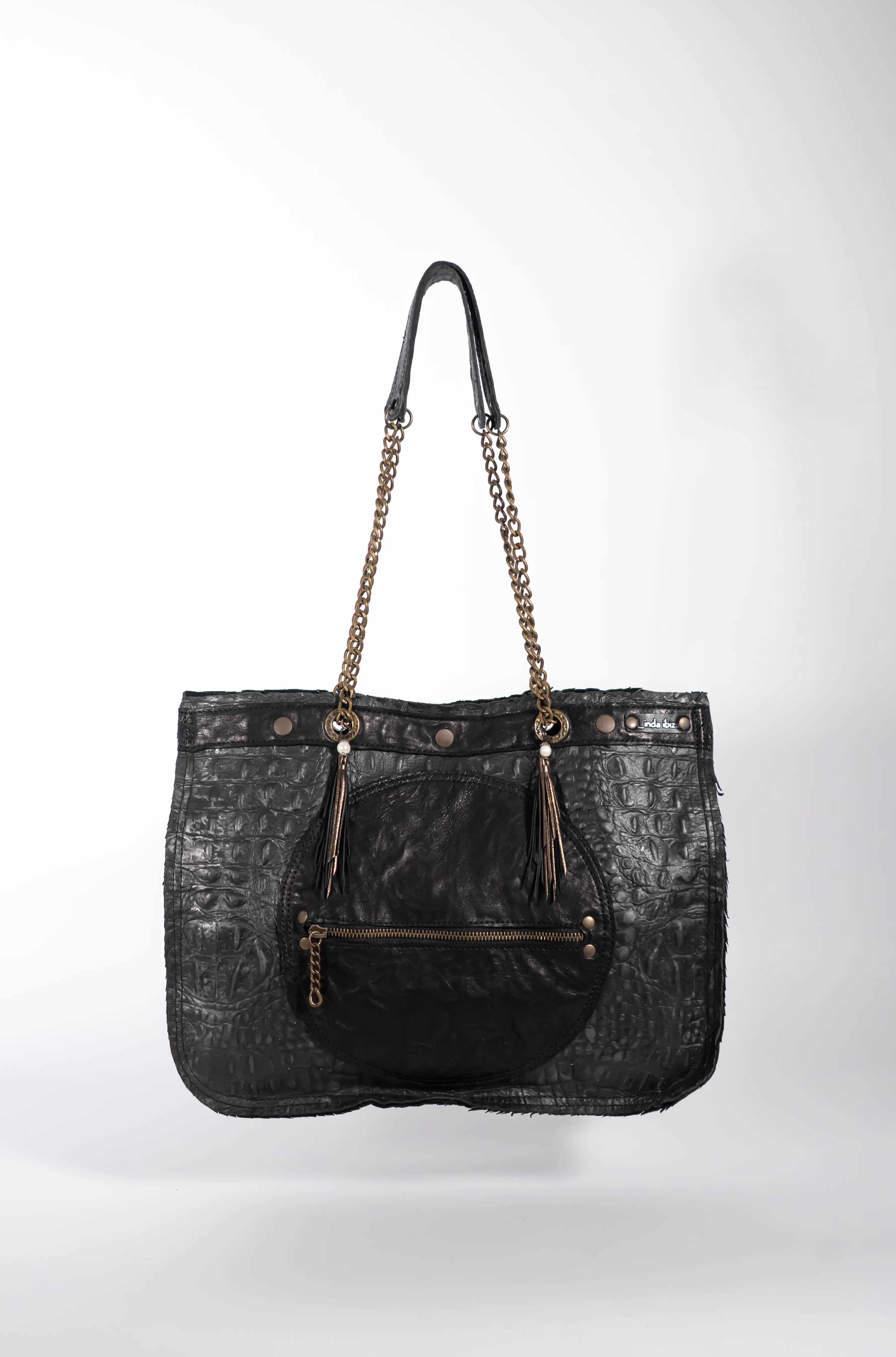 Handmade Textured Black Leather Shopping Bag With Chain And Leather Straps.