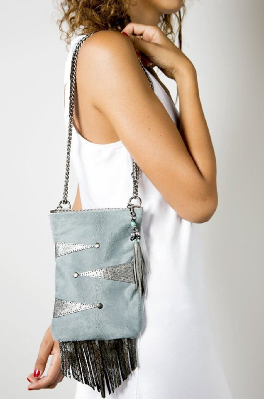 Handmade Leather Party Handbag In Sky Blue And Metallic Grey With Fringe Detail